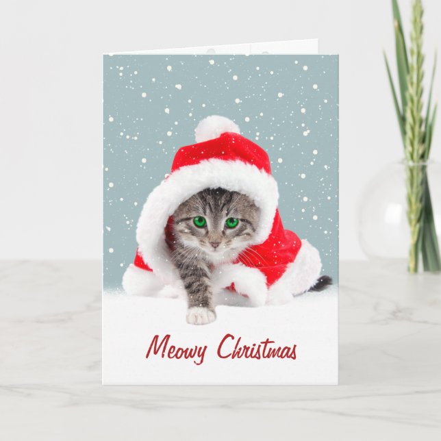 Kitten in Weihnachten Weihnachtsmannmütze und Schn Karte (Vorderseite)