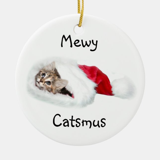 Kitten in Weihnachtsmannmütze Keramikornament (Vorne)