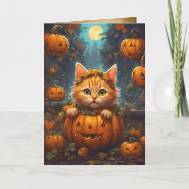 Kitten Jack-O-Lantern, glückliches Halloween Niedl Karte (Vorderseite)