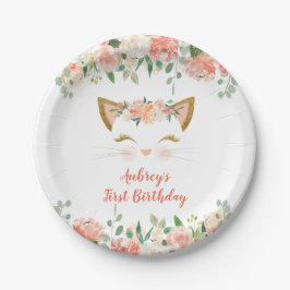 Kitten kitty cat floral peach cream birthday pappteller