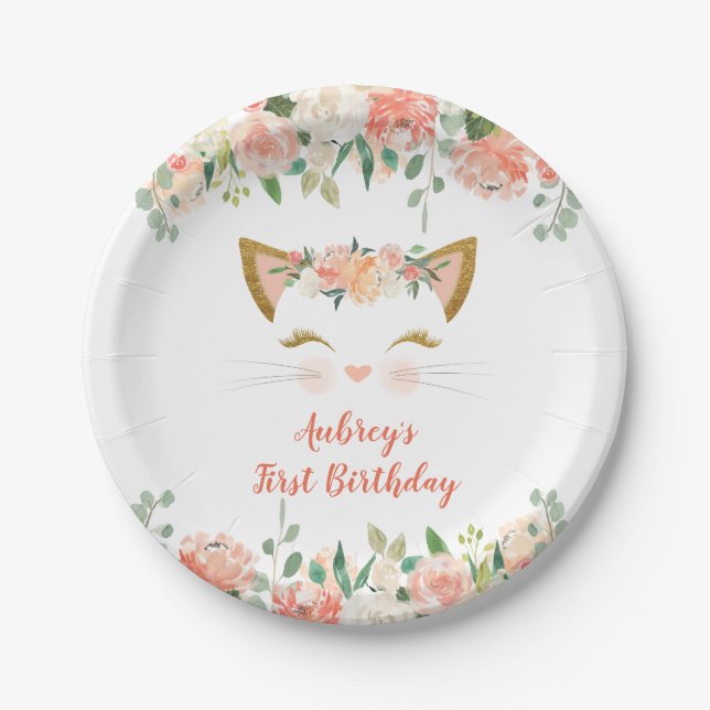 Kitten kitty cat floral peach cream birthday pappteller (Vorderseite)