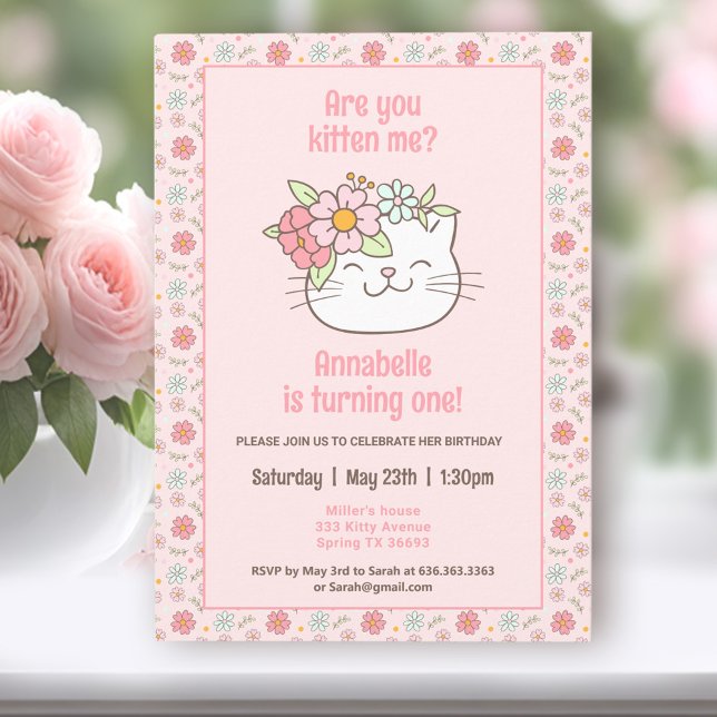 Kitten Kitty Cat Pink Girl 1. Geburtstag Einladung (Kitten Kitty Cat Pink Girl 1st Birthday Invitation)