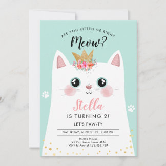Kitten Meow Aquamarin Crown Girl Kitty Cat Geburts Einladung