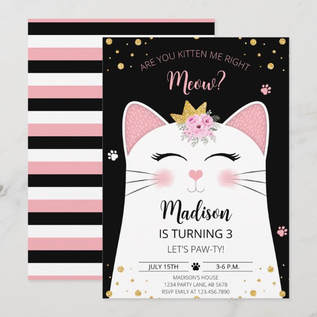 Kitten Meow Birthday Black Einladung (Vorne/Hinten)