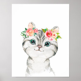 Kitten mit Aquarellfarben Blume Art Print Poster