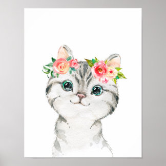 Kitten mit Aquarellfarben Blume Art Print Poster