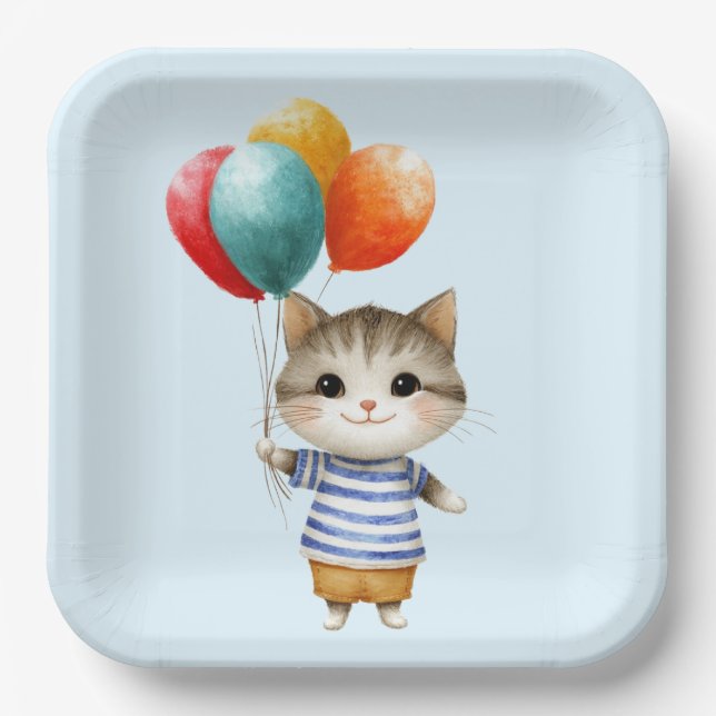 Kitten mit Birthday Balloons | Niedliches Party Ce Pappteller (Vorderseite)