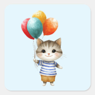 Kitten mit Birthday Balloons   Niedliches Party Ce Quadratischer Aufkleber