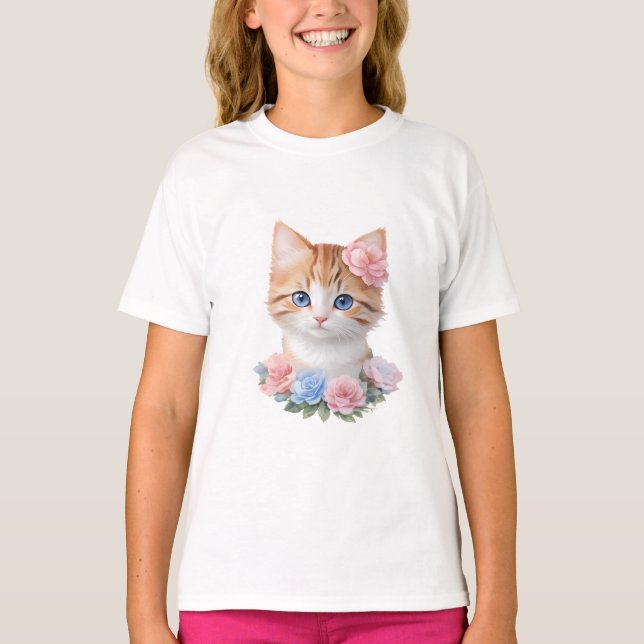 Kitten mit Blume Whimsical Feline T-Shirt (Vorderseite)
