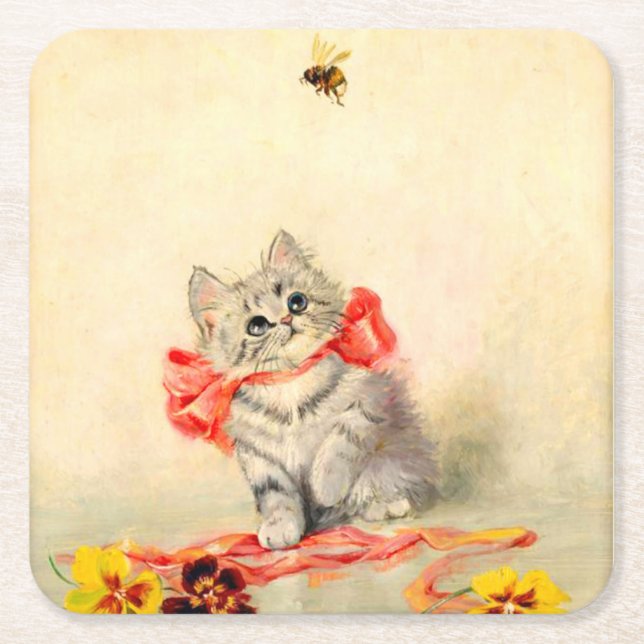 Kitten mit einem roten Band Rechteckiger Pappuntersetzer (Vorderseite)