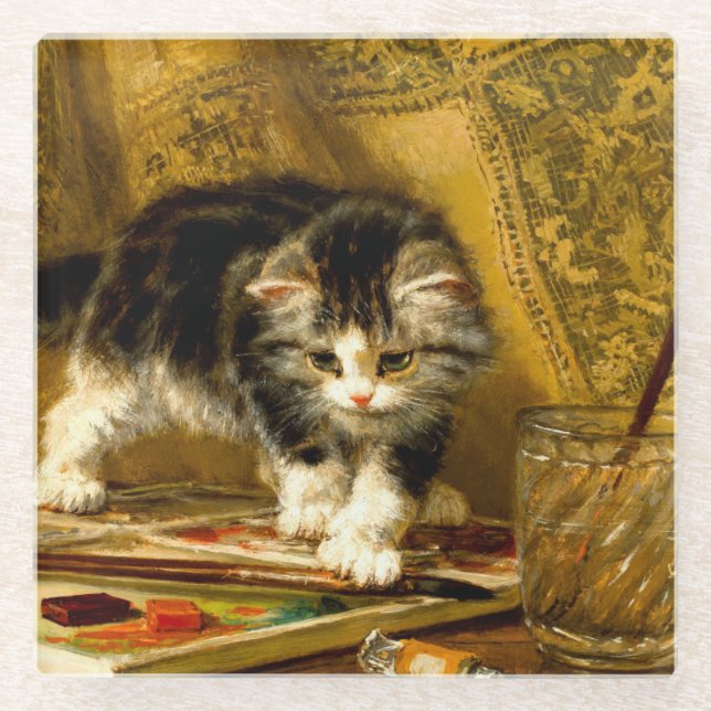 Kitten mit Farbe und Pinsel Glasuntersetzer (Vorderseite)