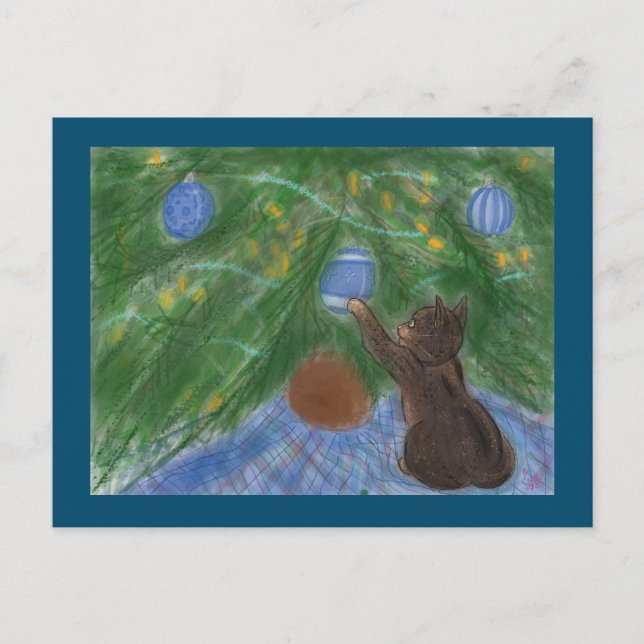 Kitten mit Ferienbaum Feiertagspostkarte (Vorderseite)