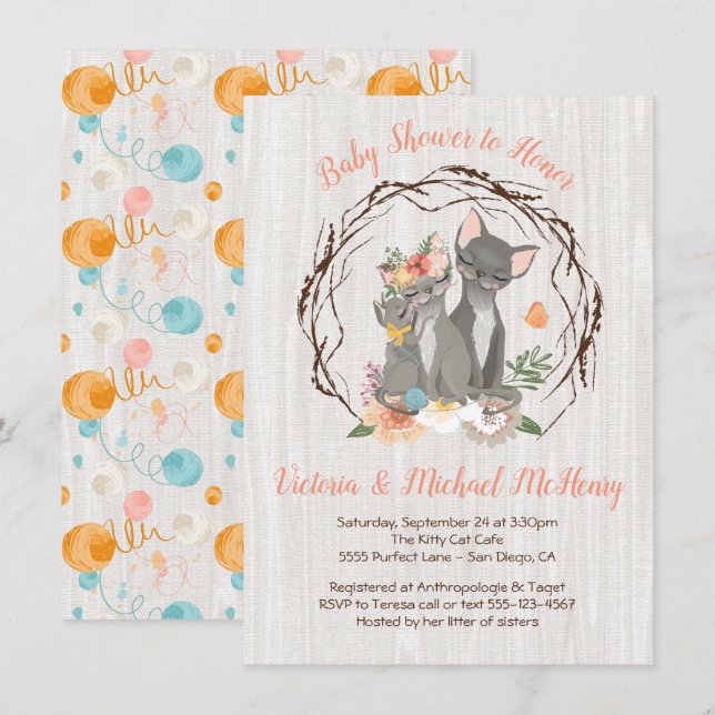 Kitten mit Mommy and Daddy Baby Shower Invites Einladung (Vorne/Hinten)