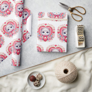 Kitten mit Red Bow mit romantischen Blumenherzen Geschenkpapier