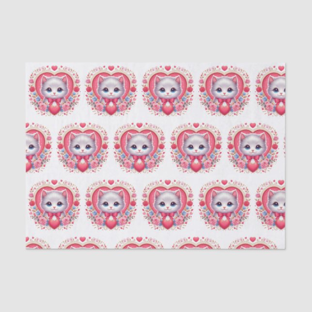 Kitten mit Red Bow mit romantischen Blumenherzen Seidenpapier (Vorderseite)