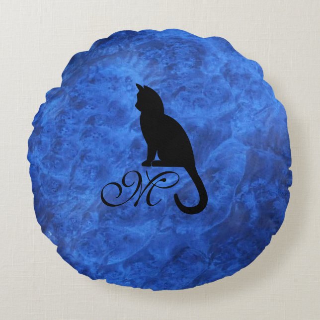 Kitten Monogram Sapphire Blue Rundes Kissen (Vorderseite)