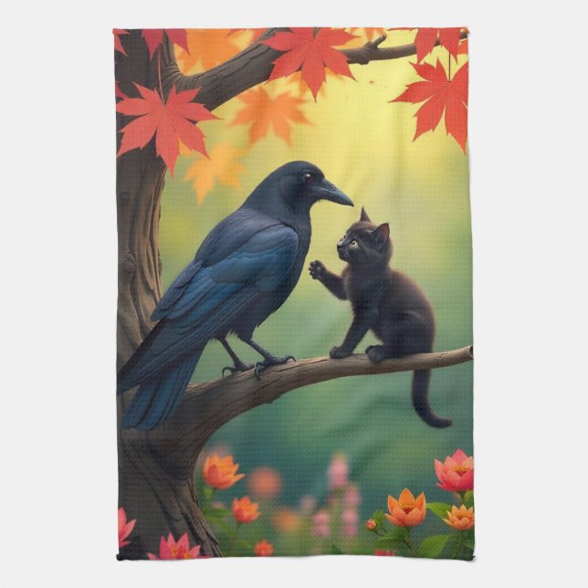 Kitten Oak Tree Garden Raven Crows Kitchen Geschirrtuch (Vertikal)