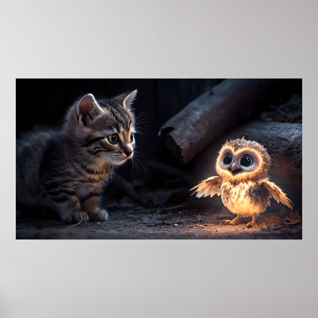 Kitten & Owl Poster - Whimsical Forest Friends Art (Vorne)