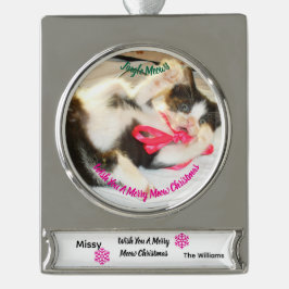 Kitten Photo Text Jingle Meows, Customize, Banner-Ornament Silber