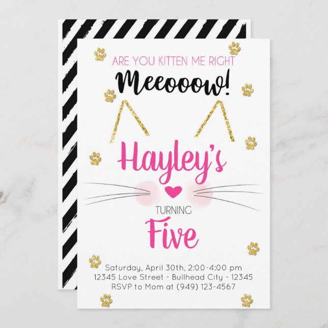 Kitten Pink & Gold Kindergeburtstag Einladung (Vorne/Hinten)