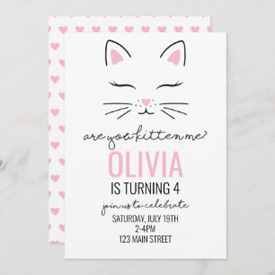 Kitten Pink Hearts Birthday Einladung