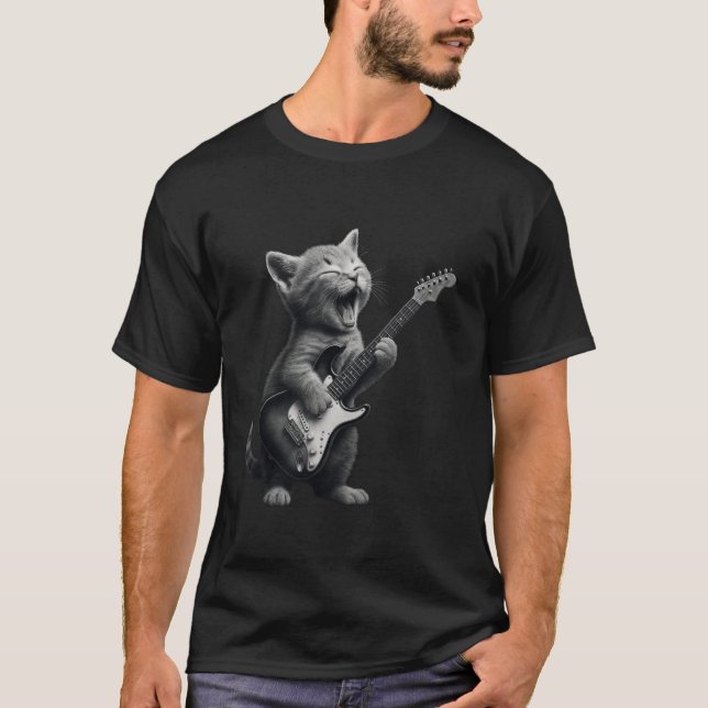 Kitten Playing Guitar Rock and Roll Funny Cat Guit T-Shirt (Vorderseite)