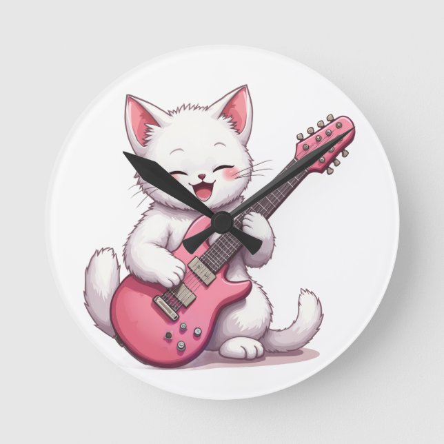Kitten Playing Guitar Runde Wanduhr (Vorderseite)