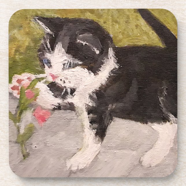 Kitten Playing mit rosa Blume Getränkeuntersetzer (Vorderseite)