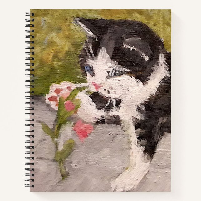 Kitten Playing mit rosa Blume Notizbuch (Vorderseite)
