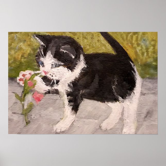 Kitten Playing mit rosa Blume Poster (Vorne)