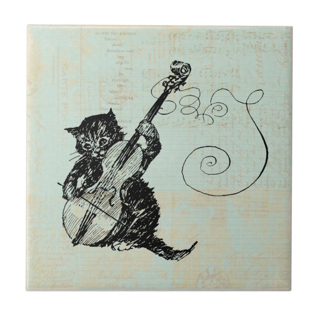 Kitten Playing Violine Aquamarin Music Cat Illustr Fliese (Vorderseite)