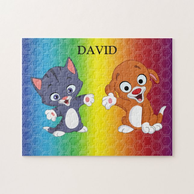 Kitten & Puppy Rainbow Puzzle personalisiert. (Horizontal)