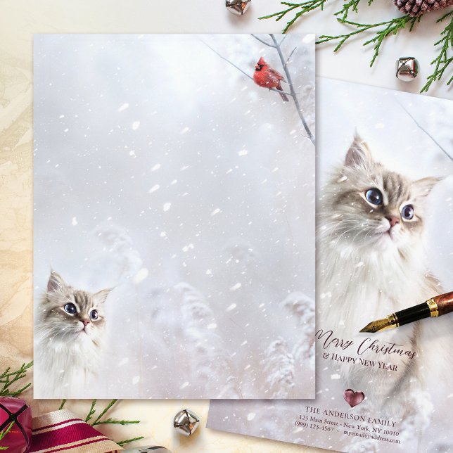 Kitten & Red Kardinal in Snow - 8.5x11" Stationery Briefbogen (Von Creator hochgeladen)