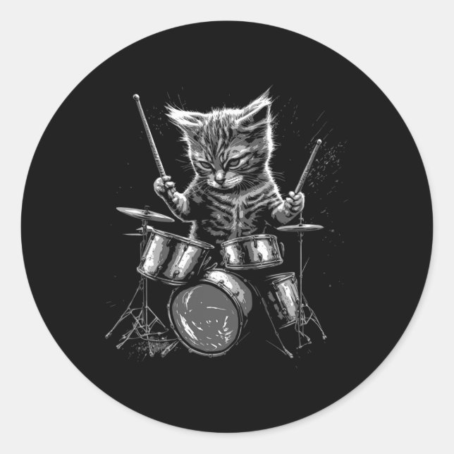 Kitten Rock Band Drummer Cat Playing Drums Runder Aufkleber (Vorderseite)
