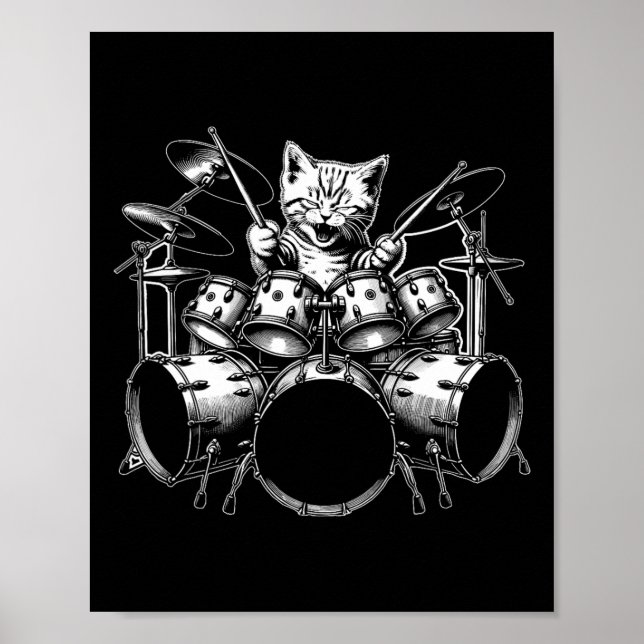 Kitten Rock Band Funny Kitty Drummer Cat Playing D Poster (Vorne)