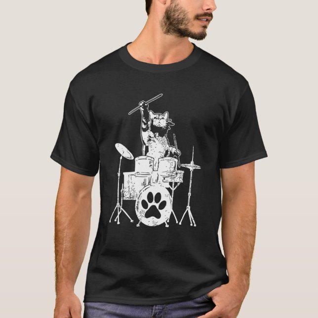 Kitten Rockstar Cat Playing Drums Drummer T-Shirt (Vorderseite)