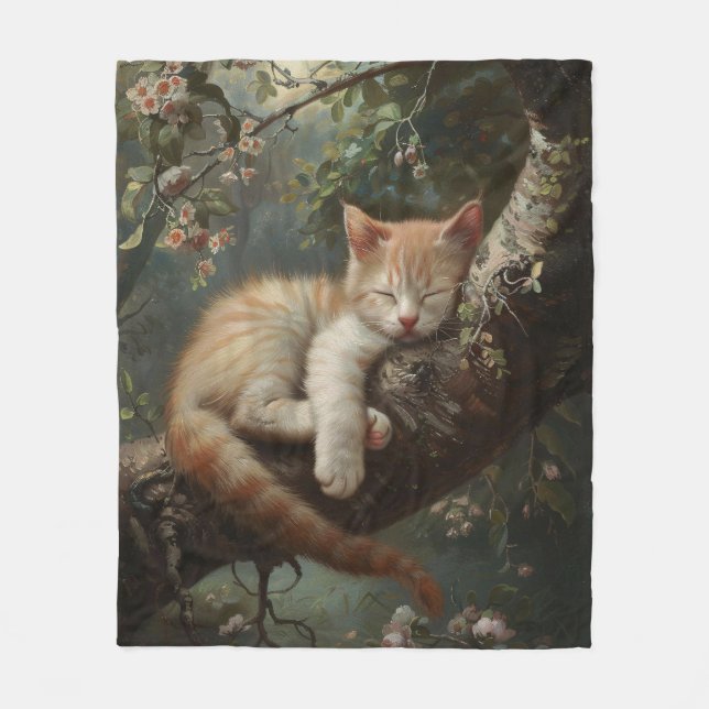 Kitten Schlafen in einem Baum Vintag Fleecedecke (Vorderseite)
