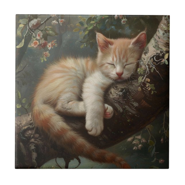 Kitten Schlafen in einem Baum Vintag Fliese (Vorderseite)