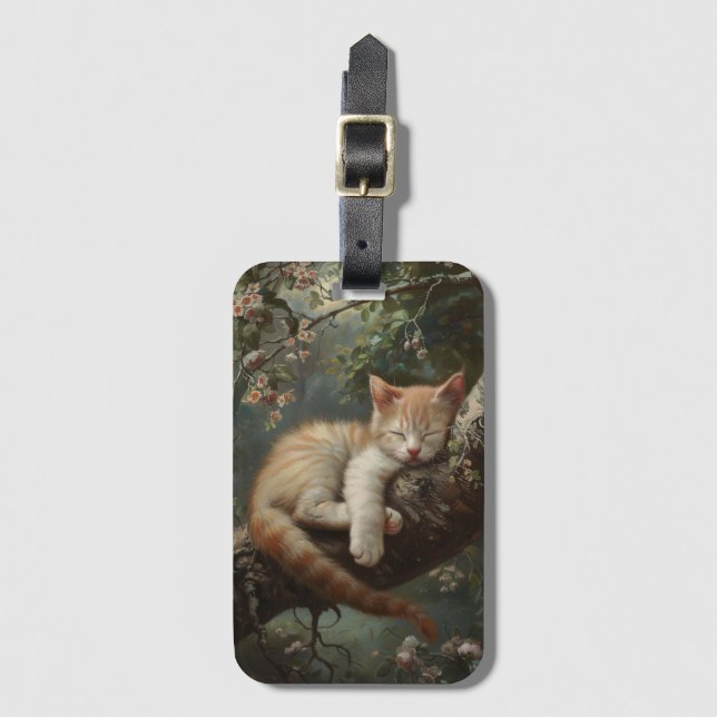 Kitten Schlafen in einem Baum Vintag Gepäckanhänger (Vorderseite Vertikal)