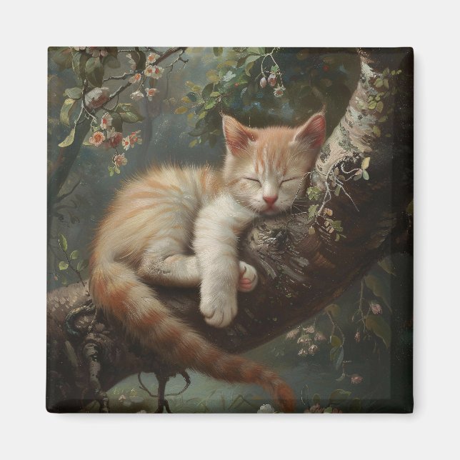 Kitten Schlafen in einem Baum Vintag Magnet (Vorne)