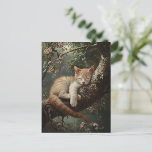 Kitten Schlafen in einem Baum Vintag Postkarte (Stehend Vorderseite)