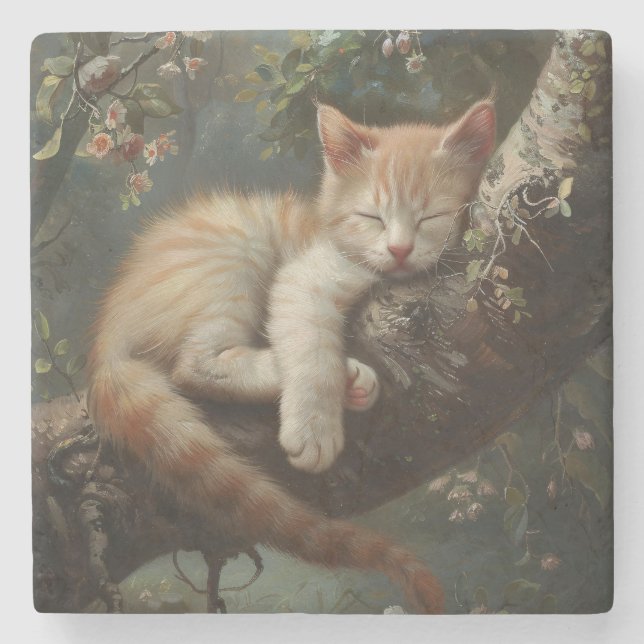 Kitten Schlafen in einem Baum Vintag Steinuntersetzer (Vorderseite)
