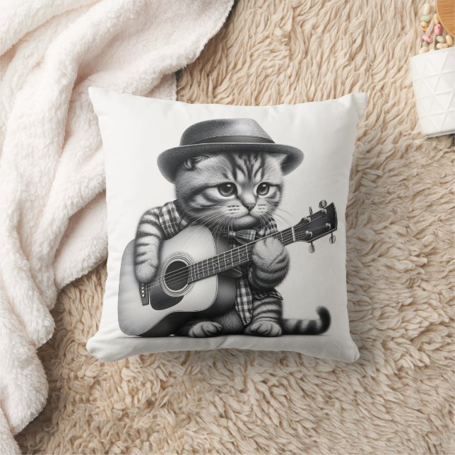 Kitten Shirt Hat Acoustic Gitarrenstift Portrait Kissen (Decke)