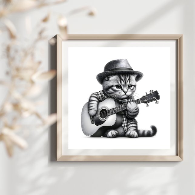 Kitten Shirt Hat Acoustic Gitarrenstift Portrait Poster (Von Creator hochgeladen)