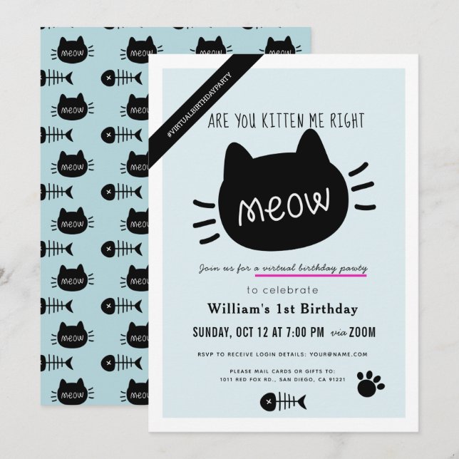 Kitten Sie mich direkt Meow Blue Virtual BIrthday? Einladung (Vorne/Hinten)