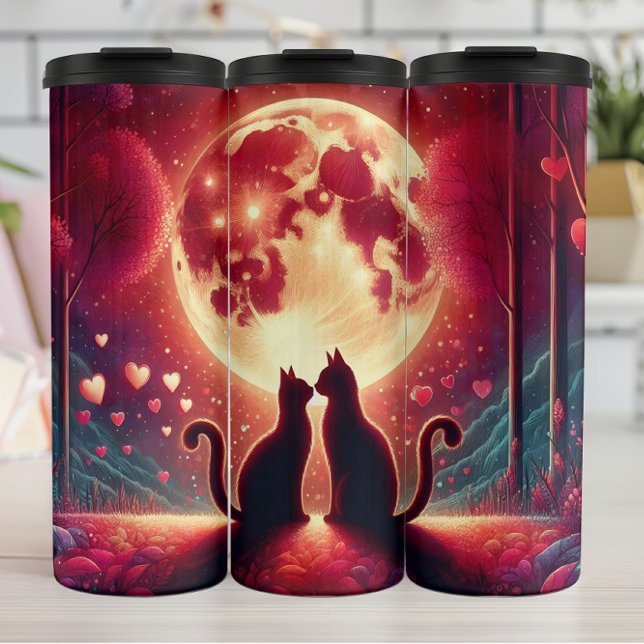 Kitten Silhouette Moonlight Valentine Thermosbecher (Von Creator hochgeladen)