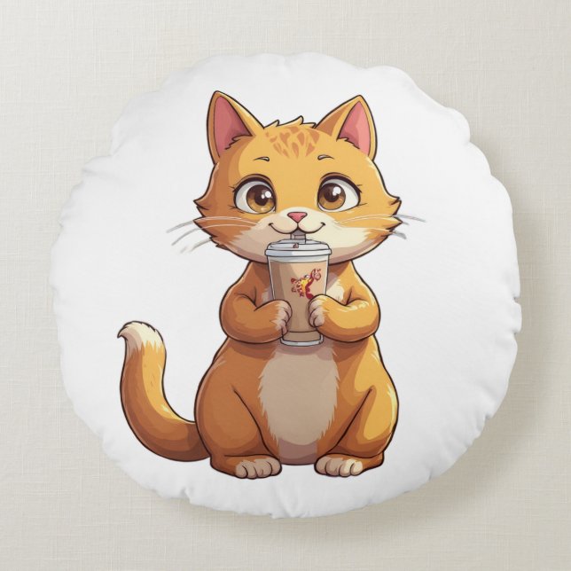 Kitten Sipping Coffee Rundes Kissen (Vorderseite)