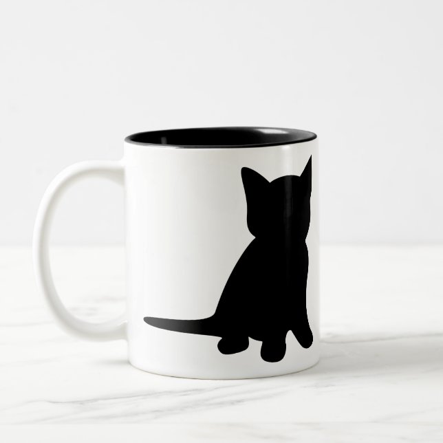 Kitten Sitting Silhouette Cat Black White Zweifarbige Tasse (Links)