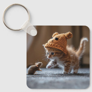 Kitten spielt mit einer kleinen Maus Schlüsselanhänger