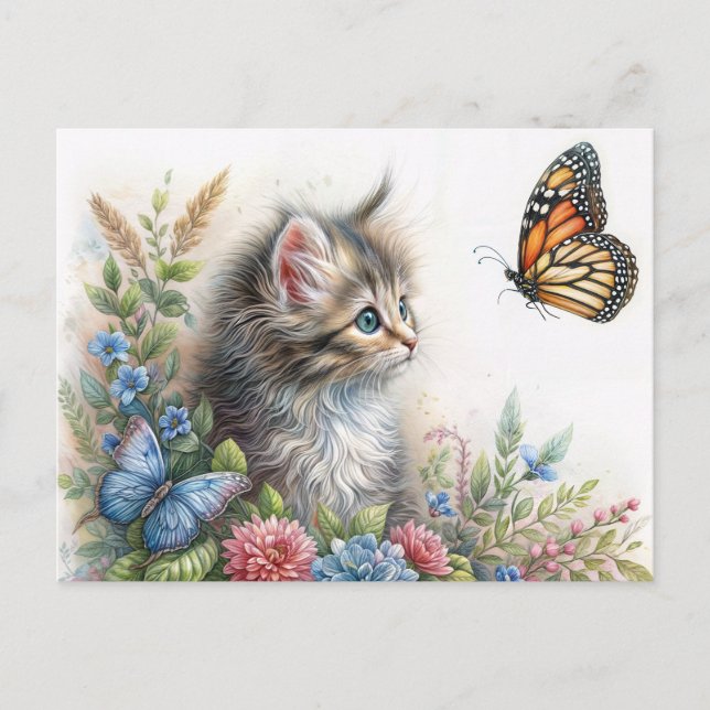 Kitten Staring At Butterfly Floral Art Postkarte (Vorderseite)